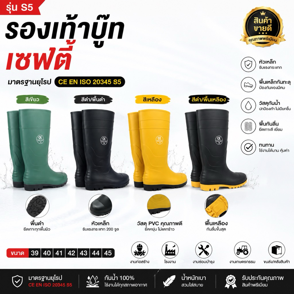 รองเท้าบูทงานก่อสร้างหัวเหล็กพื้นเหล็ก งานก่อสร้าง (39-47)