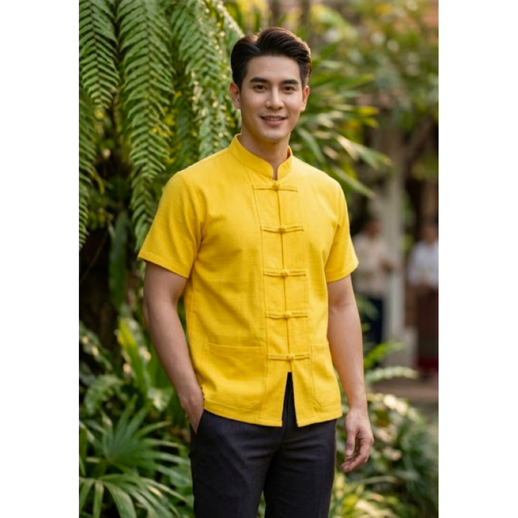 เสื้อพื้นเมืองชาย เสื้อผ้าฝ้ายพื้นเมืองสีเหลืองคอจีน แขนสั้น อก40,42,44,46,48,50""