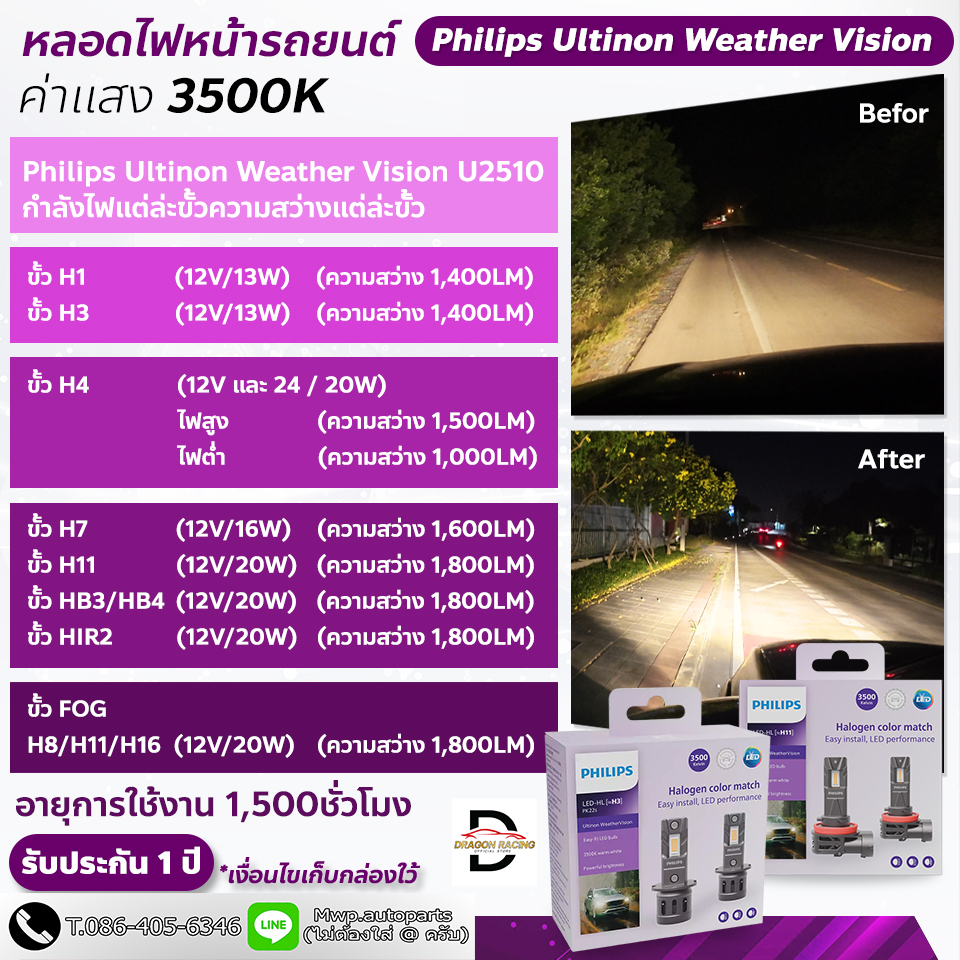 Philips Ultinon Weather Vision ค่าแสง 3500K U2510 (สินค้าของแท้ พร้อมส่ง) (1กล่อง มี 2หลอด)
