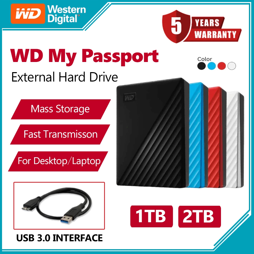 Western Digital ฮาร์ดดิสก์พกพา ฮาร์ดดิสก์ภายนอก ความจุ 1TB 2TB USB3.0 WD Portable HDD External Harddisk รับประกัน 5 ปี