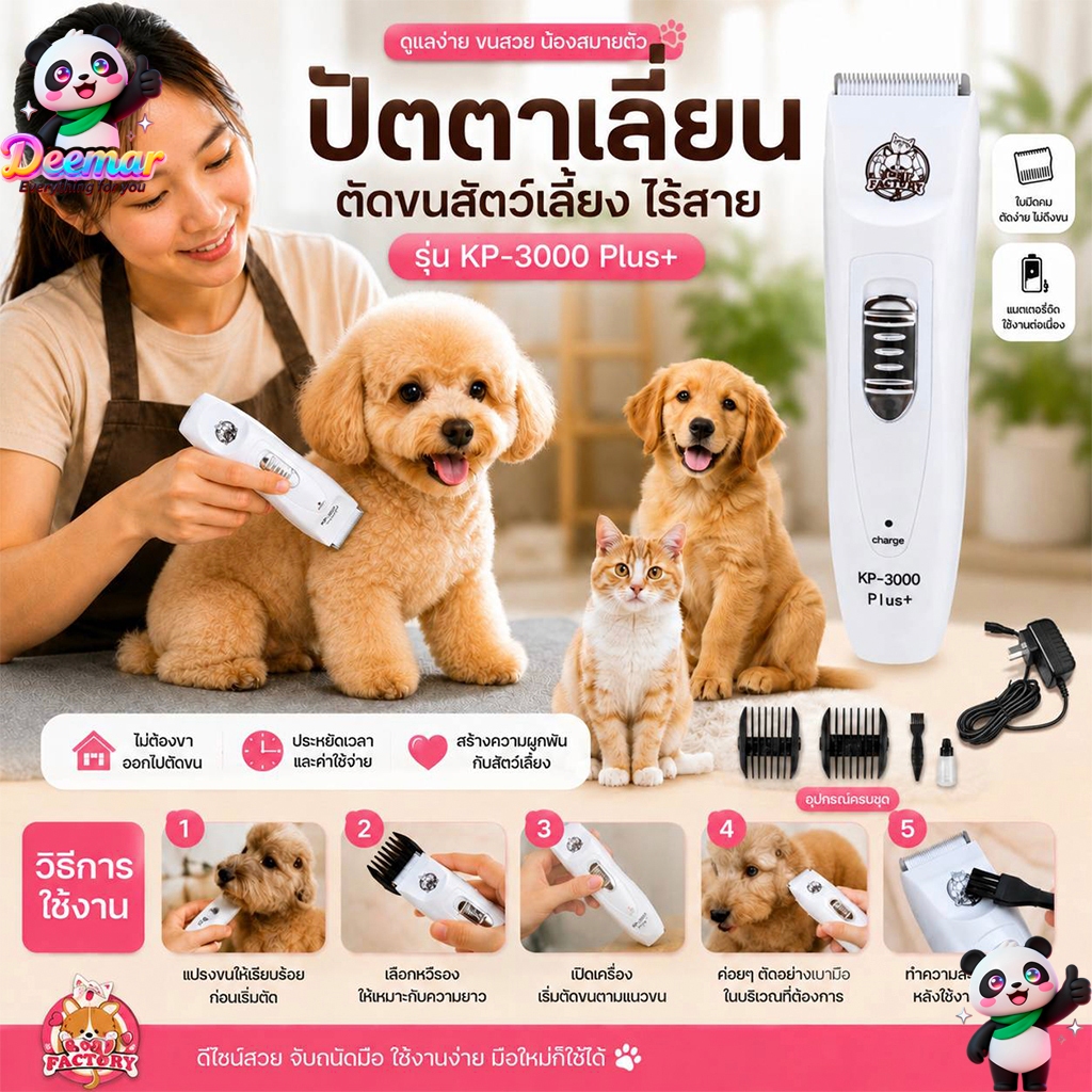 Deemar  ปัตเลียนตัดขนสุนัข ไร้สาย ใบมีดแสตนสผสมเชรามิค KP-3000 Plus+