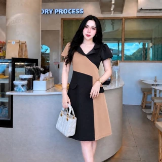 LR18_ชุดเดรสทรูโทน-กระโปรงบานทรงเอเสื้อคอวี เรียบหรูดูดี ผ้าวูลเวฟใส่สบาย