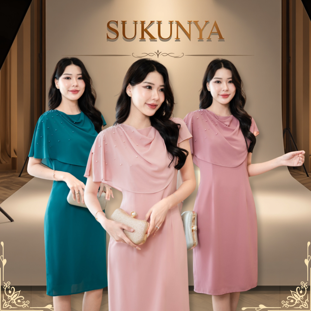 Sukunya 6434 : งานเดรสผ้าชีฟองเนื้อนิ่มใส่สบายด้านหน้าตกแต่งด้วยมุก(เป็นงานตอกมุกสวยมากๆหรูดูแพง)