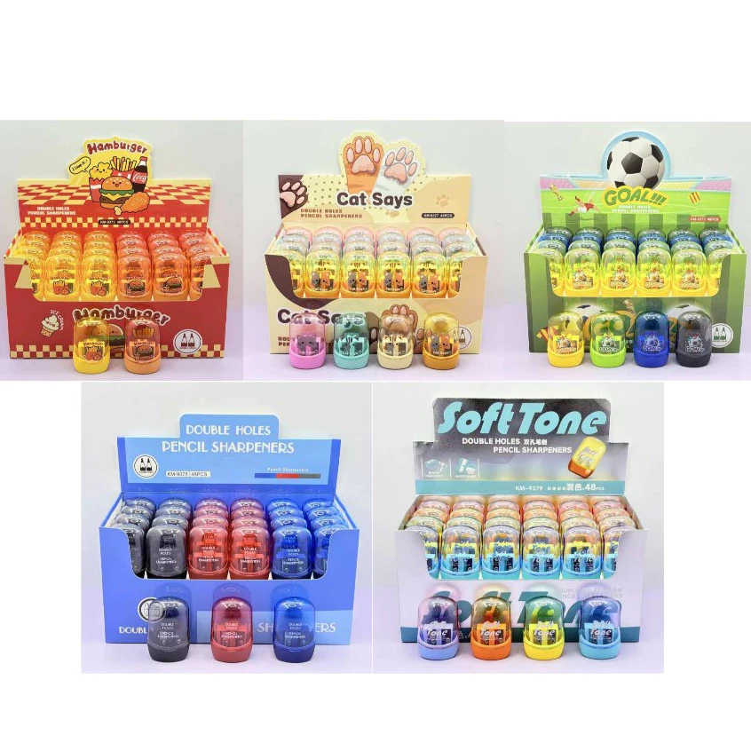 🔥 แพ็ค 48 ชิ้น 9372-9379 🔥กบเหลาดินสอ 2 รู ที่เหลาดินสอคละสี แบบมือหมุน เหลาง่าย