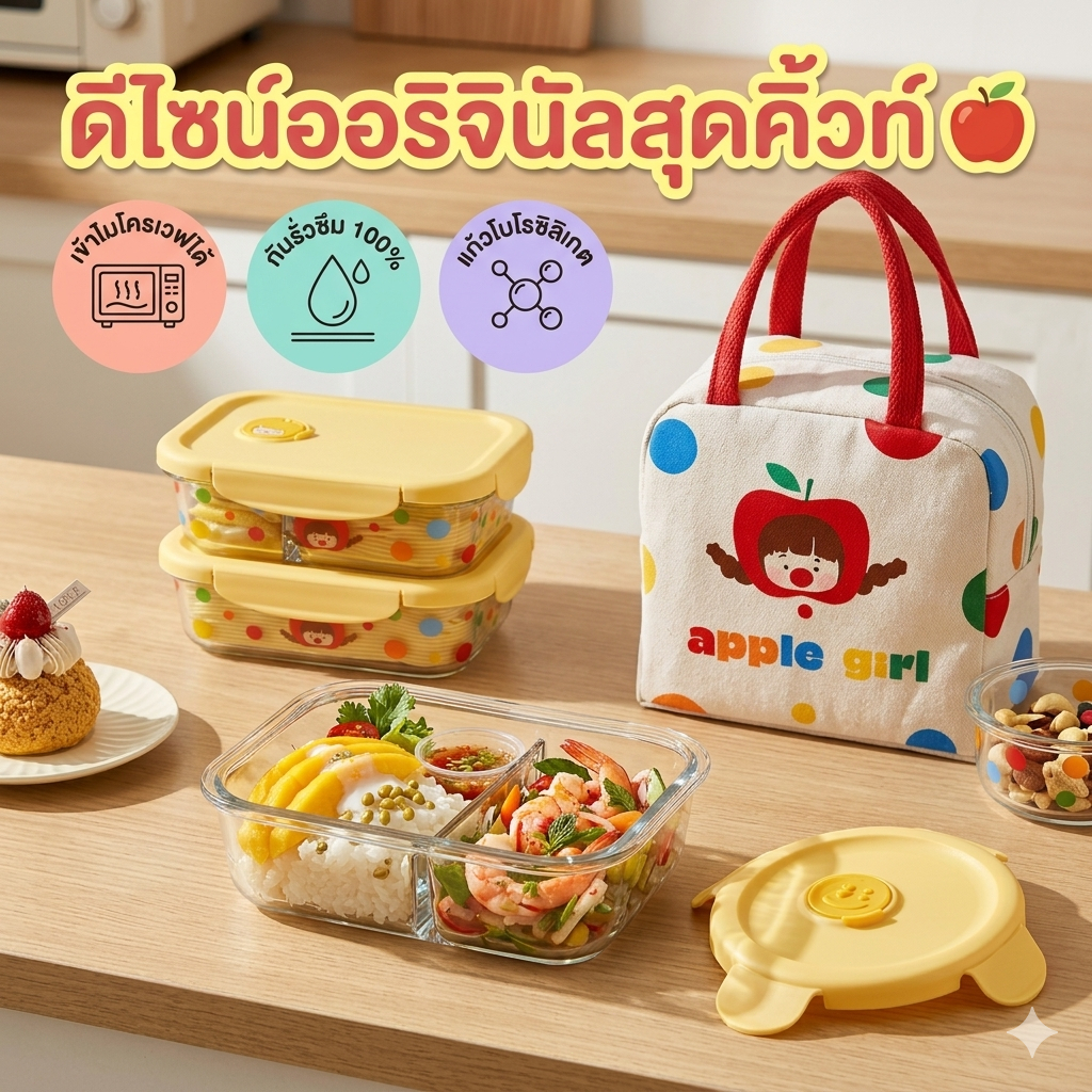 กล่องข้าวแก้ว การ์ตูน ฝาซิลิโคนกันรั่ว ปลอดสาร ใช้ในไมโครเวฟและตู้เย็นได้ สำหรับนักเรียนและคนทำงาน