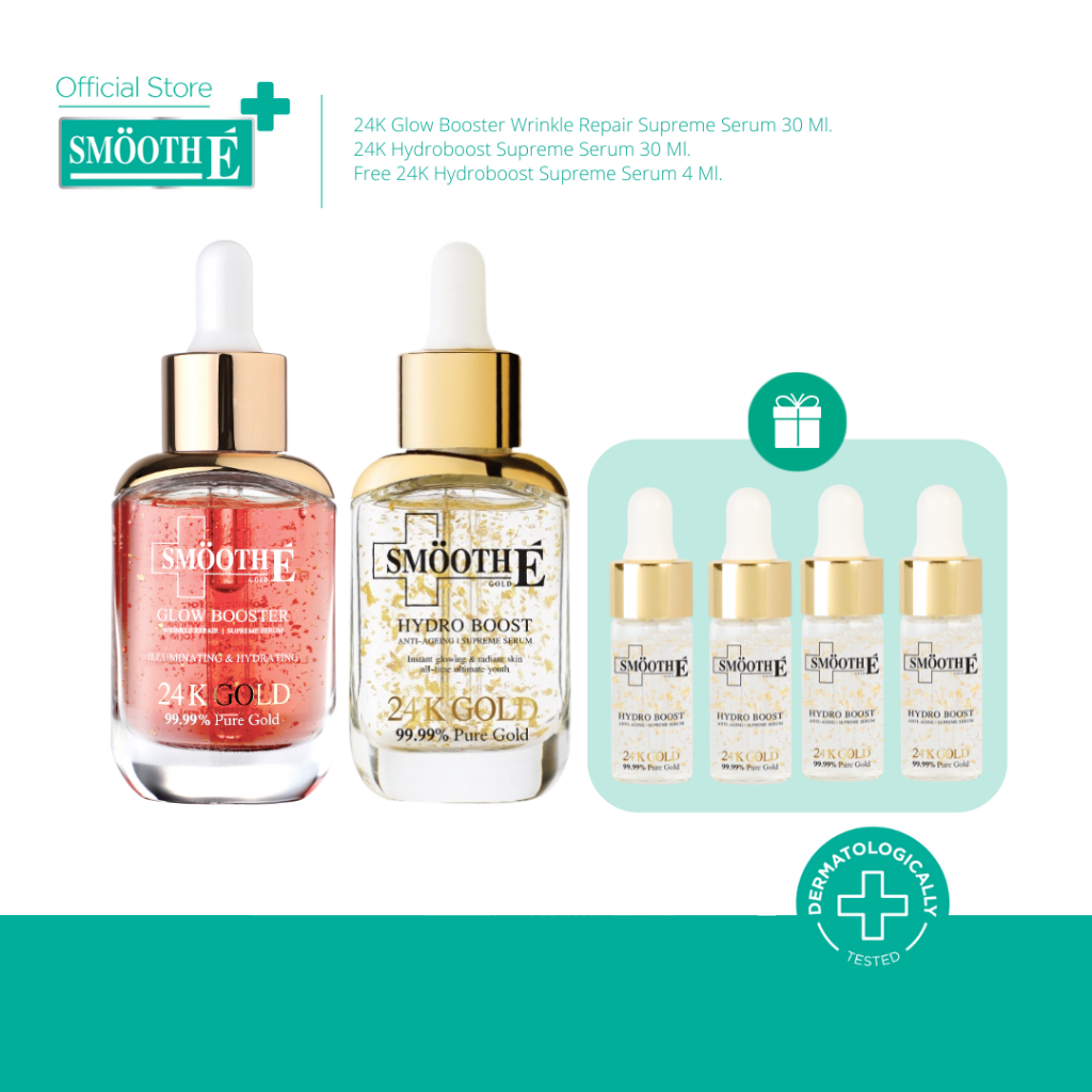 [แพ็คสุดคุ้ม 2 ฟรี 4] Smooth E Double 24k Gold Set Free 24k gold Booster 4 ml. ลดเลือนริ้วรอยจุดด่างดำ ใน 2 สัปดาห์