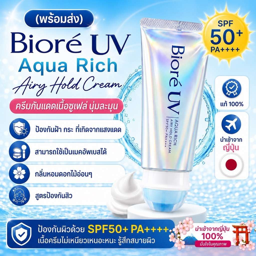 (พร้อมส่ง)  Biore UV Aqua Rich Airy Hold Cream SPF50+PA++++ แท้100% จากญี่ปุ่น