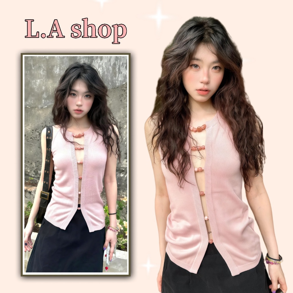 L.A Shop★พร้อมส่ง เสื้อกล้ามแขนกุดผู้หญิง ผ้าถัก เจาะลาย ประดับลูกปัด สไตล์เกาหลี -FY5151