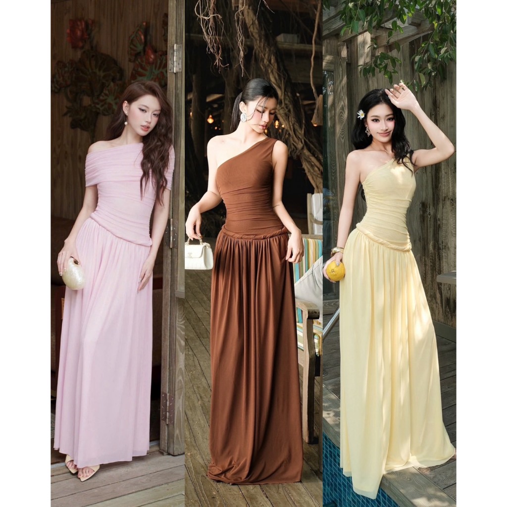OBIBII BRAND  :Maxi dress ไหล่เดียว มาพร้อมผ้าคาดไหล่1ชิ้น เนื้อผ้าตาข่ายนิ่มยืดทิ้งตัว