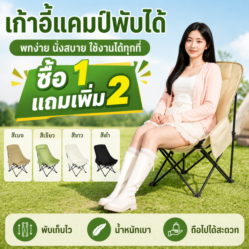 [ซื้อ 1 รับเพิ่มฟรี 2] เก้าอี้พับตกปลากลางแจ้ง เก้าอี้แคมป์ปิ้งพกพา รับน้ำหนักได้ 150 กก. แข็งแรง พร้อมส่งจากไทย