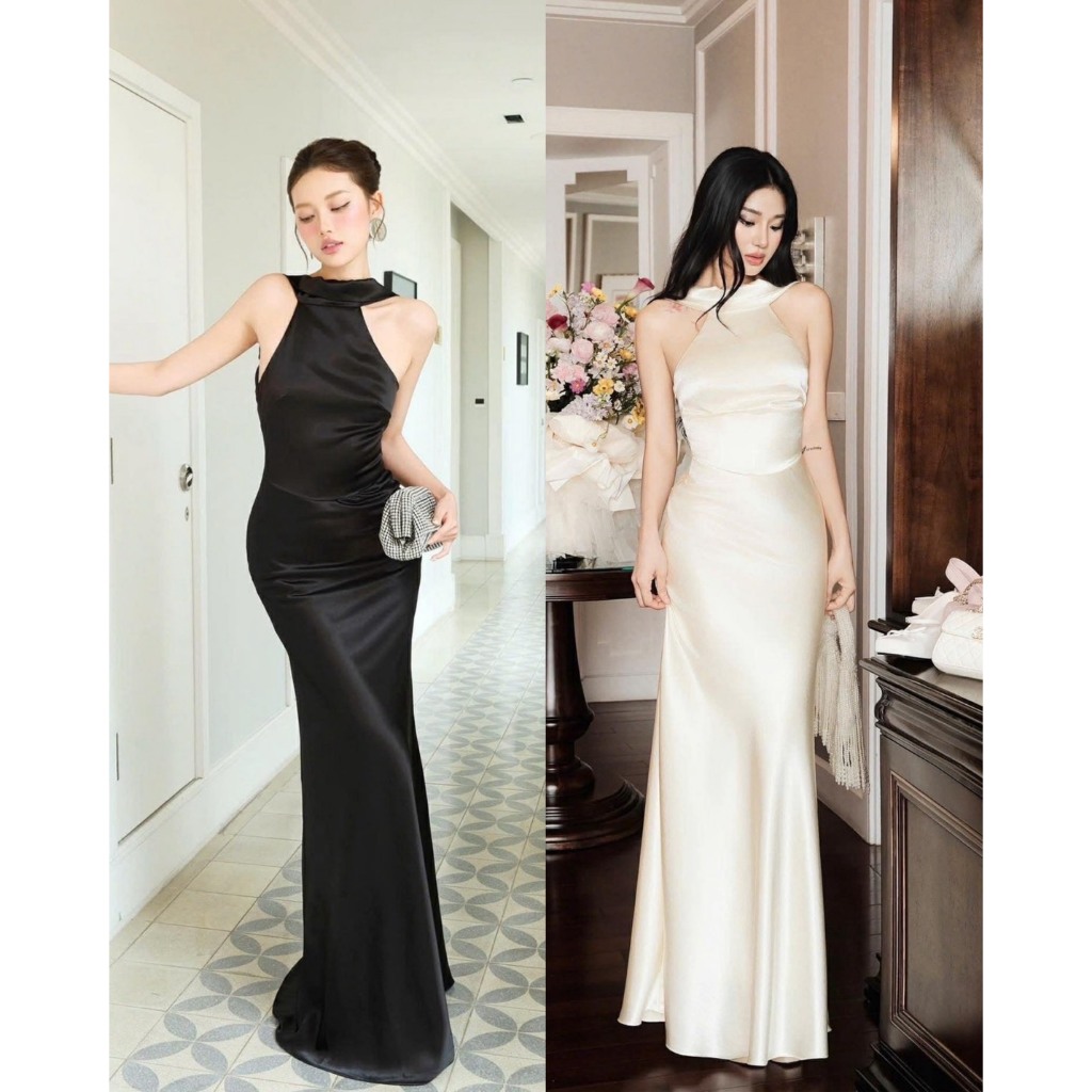TBB BRAND :  เดรสยาวเรียบหรู คอปิดเเขนเว้า เว้าหลังเซ็กซี่ เนื้อผ้าซาตินเงาเนื้อหนาพรีเมี่ยม