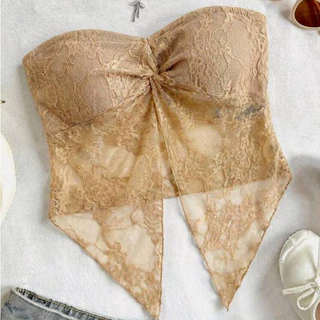 Crop TC2432 เสื้อเกาะอก อกทรงโบว์ ผ่าหน้า