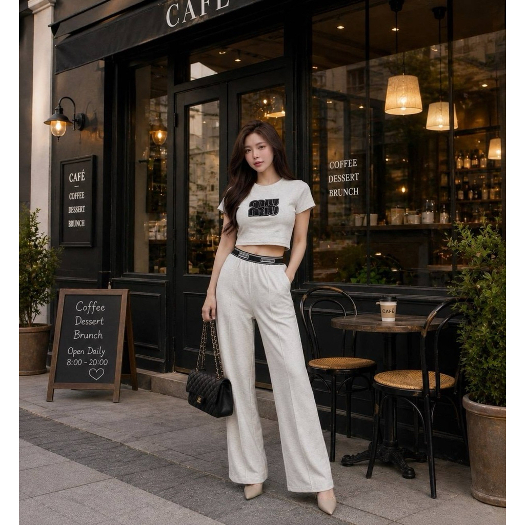 Phapassz - set 2 ชิ้น ครอปแขนล้ำผ้ายูนิโล่แต่งอะไหล่ มาพร้อมขายาวผ้านำเข้าพรีเมี่ยม เเต่งขอบแบรนด์ดัง ทรงสวย #Lanta