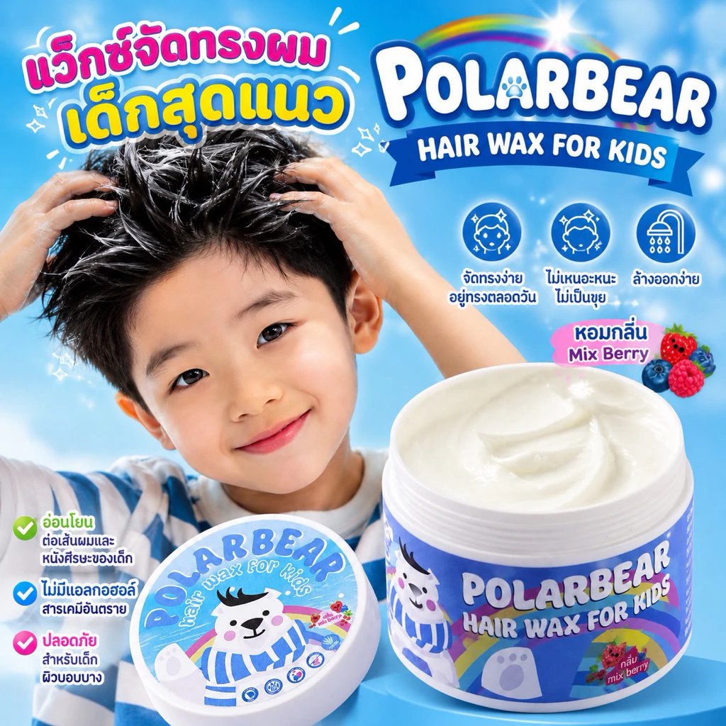 Polarbear Hair Wax For Kids แว๊กซ์จัดแต่งทรงผมสำหรับเด็กและผู้ใหญ่ผิวบอบบางแพ้ง่าย (POLARBEAR4)