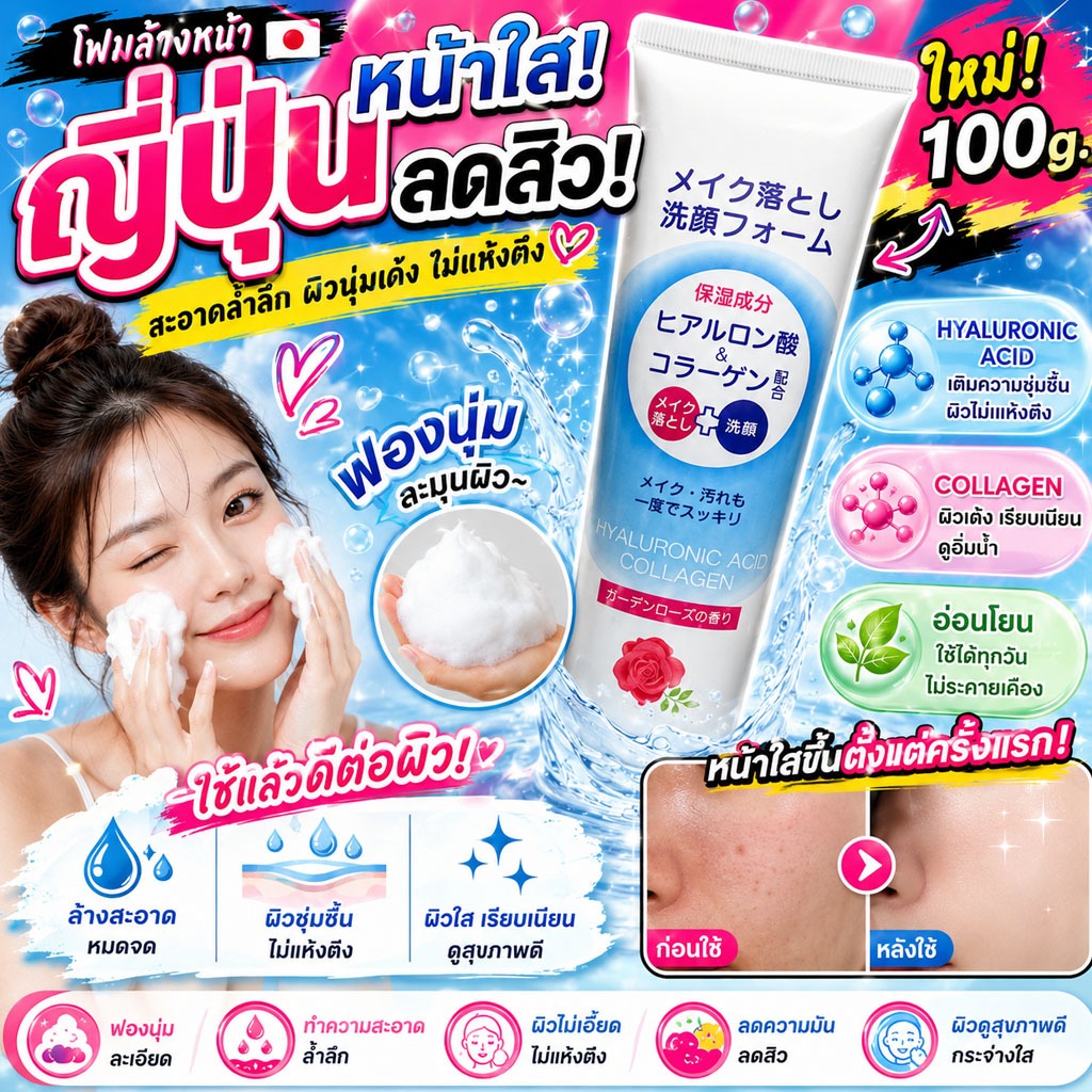 โฟมล้างหน้าญี่ปุ่นหน้าใส ลดสิว Hyaluronic Acid Collagen (Face Wash) 100g.