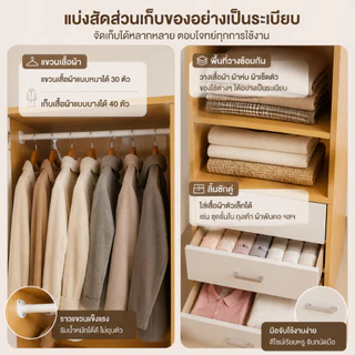 CC【รับประกันคุณภาพ】ตู้เสื้อผ้า ล็อคเกอร์ ใน ห้อง นอนหลับ มีพื้นที่แขวน พื้นที่ซ้อน และลิ้นชัก ดีไซน์เรียบง่าย พื้นที่เก็