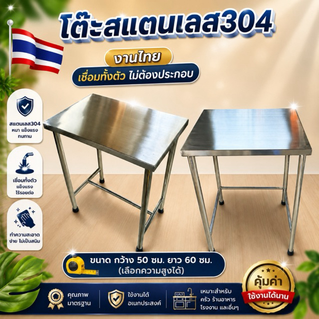 โต๊ะสแตนเลสแท้ ขนาด ก50xย60 เลือกความสูงได้ รับประกันไม่ขึ้นสนิม (สั่งได้ทีละ1ตัว ต่อ1ออเดอร์)