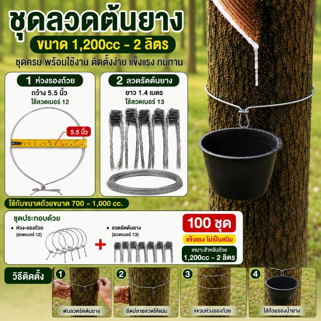 ลวดรัดต้นยาง (มีแยกขาย) ใช้ลวดเบอร์ 12,13 ลวดรัดต้นยาง ชุดลวดสปริง+วงรองถ้วยยางพารา ขนาด 4.5",5.5" ลวดยาว 1.2 เมตร