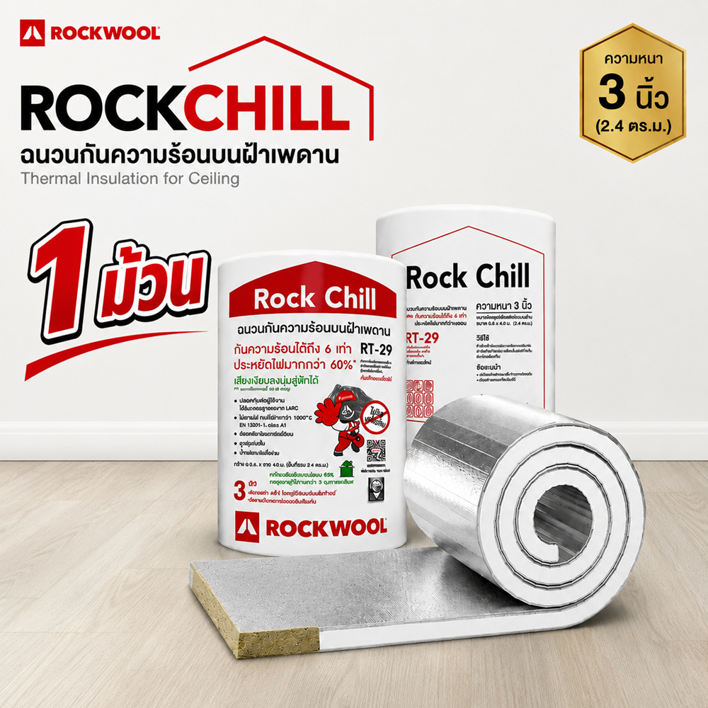 Rockwool Rockchill ฉนวนกันความร้อน วางบนฝ้าเพดาน กันร้อนใต้หลังคา ลดความร้อนในบ้าน 0.6 x 4.0 เมตร
