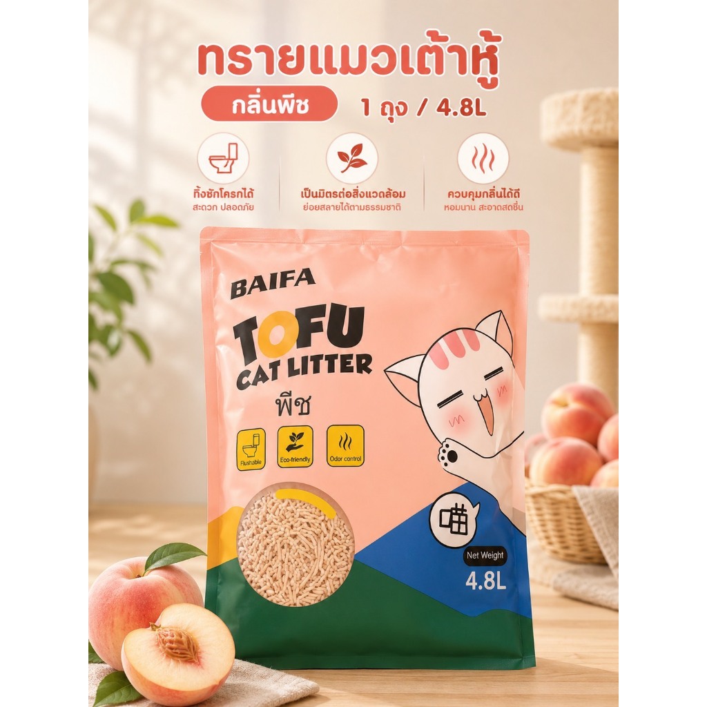 1ถุง (กลิ่นพีช ) ทรายเต้าหู้( 1ถุง/4.8L )ผลิตจากกากถั่วเหลืองธรรมชาติ ทรายแมวจับตัวเป็นก้อนเร็ว