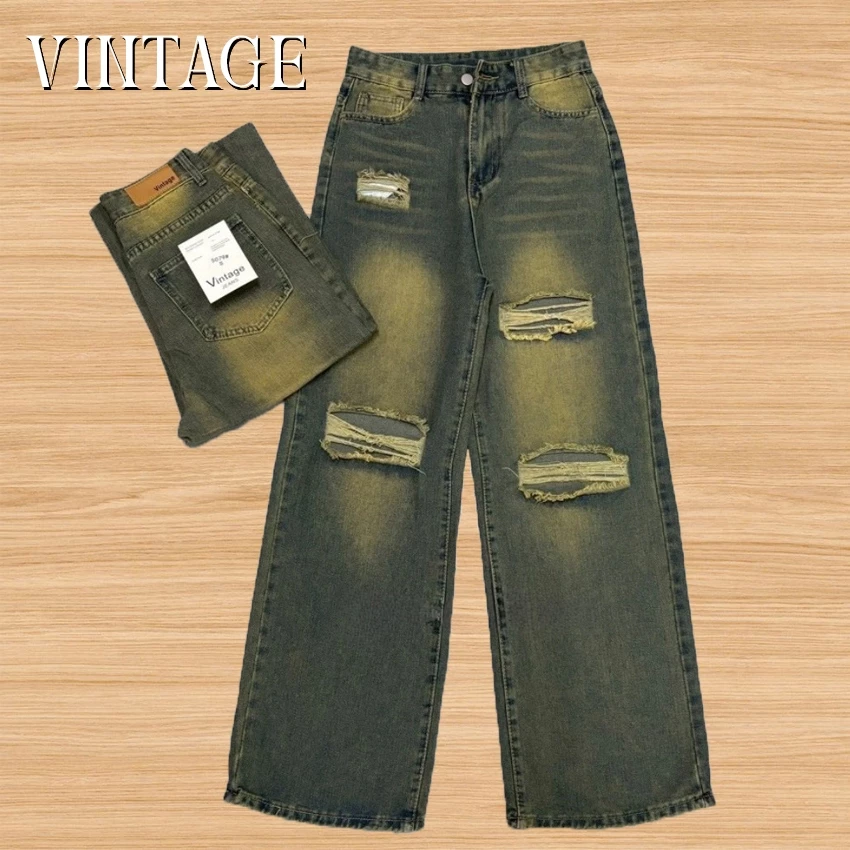 Vintage รุ่น 5079 กางเกงยีนส์ ทรงกระบอก แต่งเฟดขา แต่งขาด สีสนิม ทรงสวยผ้าไม่ยืด