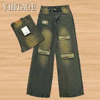 Vintage รุ่น 5079 กางเกงยีนส์ ทรงกระบอก แต่งเฟดขา แต่งขาด สีสนิม ทรงสวยผ้าไม่ยืด