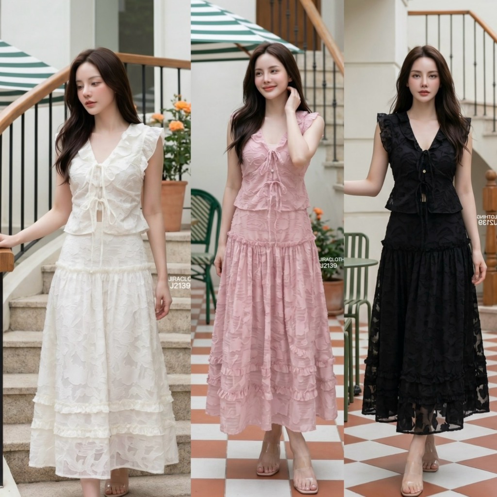 J2139 เซตเสื้อคอวีแต่งระบายดีเทลสายผูกหน้า กับกระโปรงยาวแต่งเลเยอร์พริ้วๆ