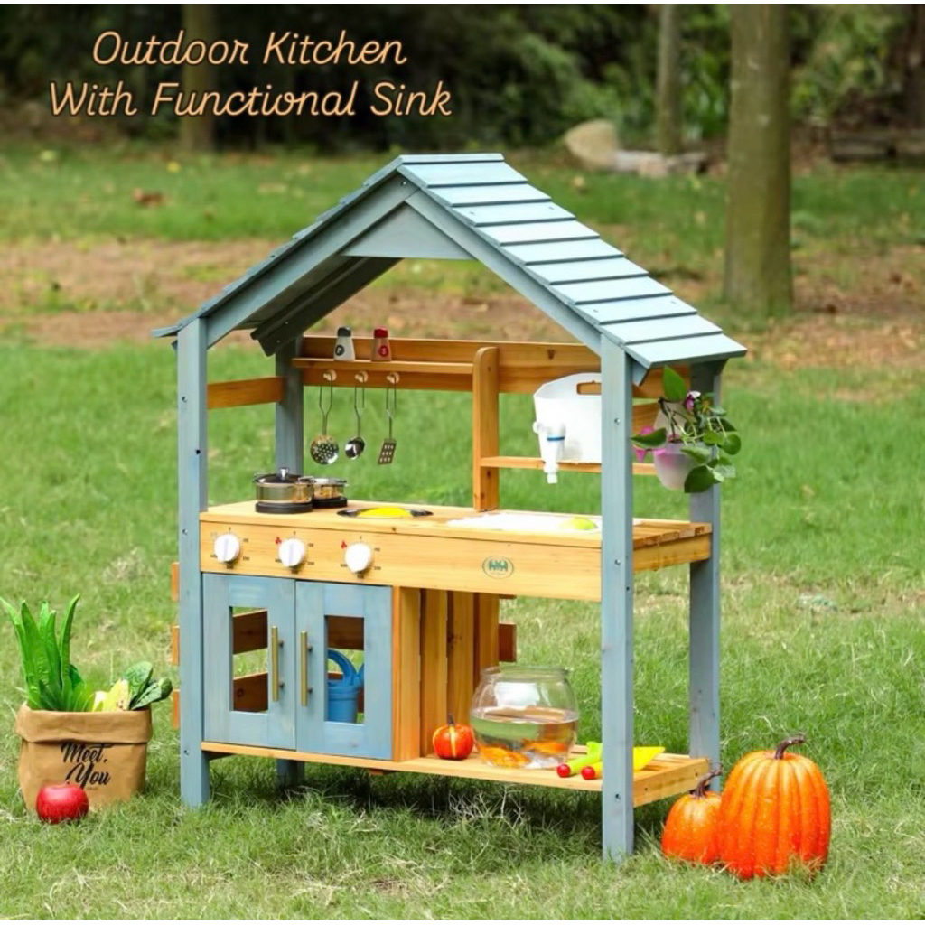Wooden outdoor mud Kitchen With Functional Sink ครัวกลางแจ้งสำหรับเด็กพร้อมส่ง