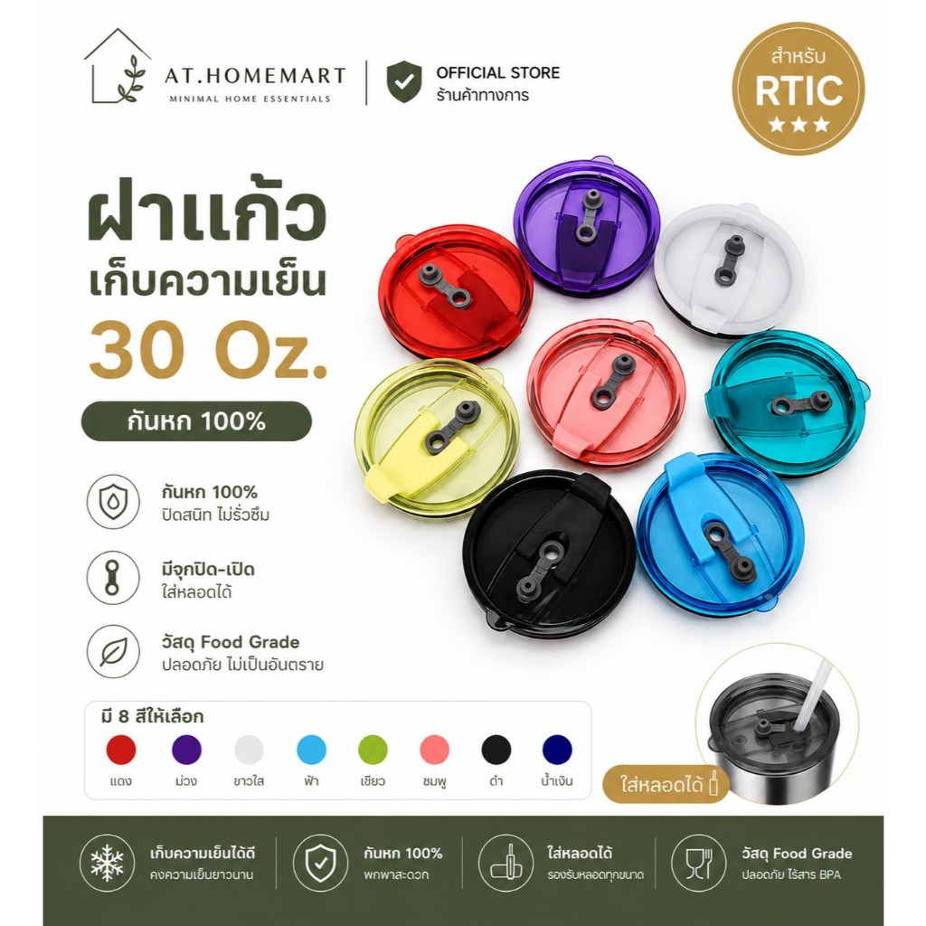 AT.Homemart [พร้อมส่ง] ฝาแก้วกันหก | ฝาปิดแก้วน้ำ 30 oz | ฝาพลาสติก BPA FREE | ใช้สำหรับแก้วเก็บความเย็น