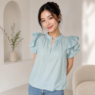 เสื้อชีฟอง แขนระบาย คอจีน ผ้าพริ้วใส่สบาย สไตล์มินิมอละ