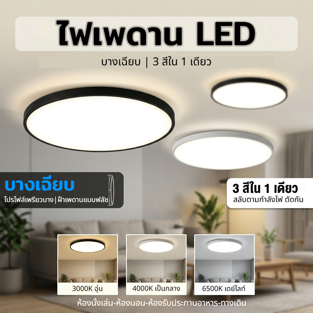 โคมไฟเพดาน LED กันน้ำ กันฝุ่น กันแมลง โคมไฟติดเพดานห้องนอน ห้องนั่งเล่น สวิตช์สลับ 3 สี