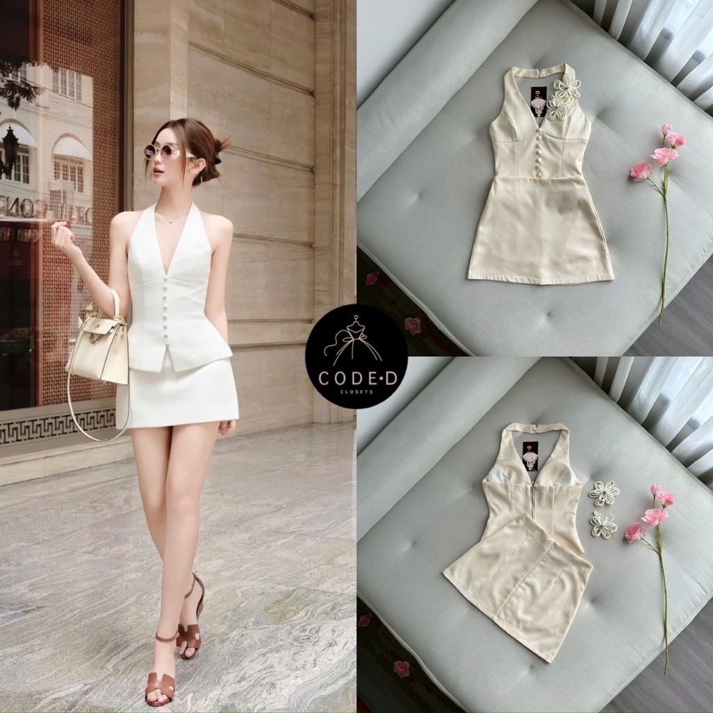 CODE-D Set.2 ชิ้นเสื้อผูกคอสีครีม อกเสริมฟองน้ำ ดีแต่งกระดุมหลอกด้านหน้า แต่งผ่าเล็กน้อย ด้านหลังแต่งซิปกระดูกงู