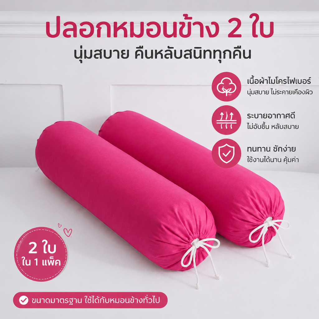 เซตปลอกหมอนหนุน2ใบ+ปลอกหมอนข้าง2ใบ รวม4ใบ สีพื้น เนื้อผ้าโพลีเอสเตอร์ สีสวย สีสด
