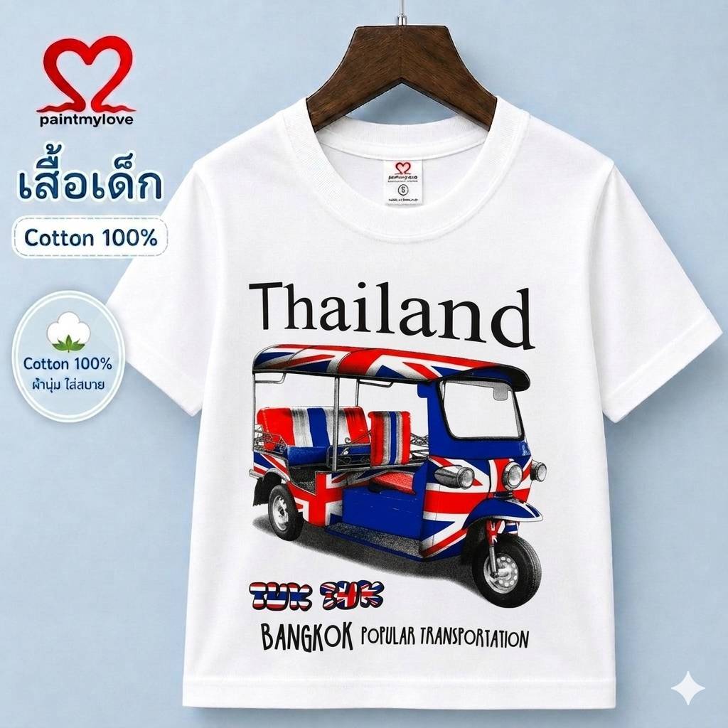 paintmylove เสื้อยืดเด็ก สีขาว สกรีนตุ๊กๆไทยแลนด์ ผ้าcotton 100% ใส่สบาย ใส่ได้ทั้งผู้หญิงและผู้ชาย