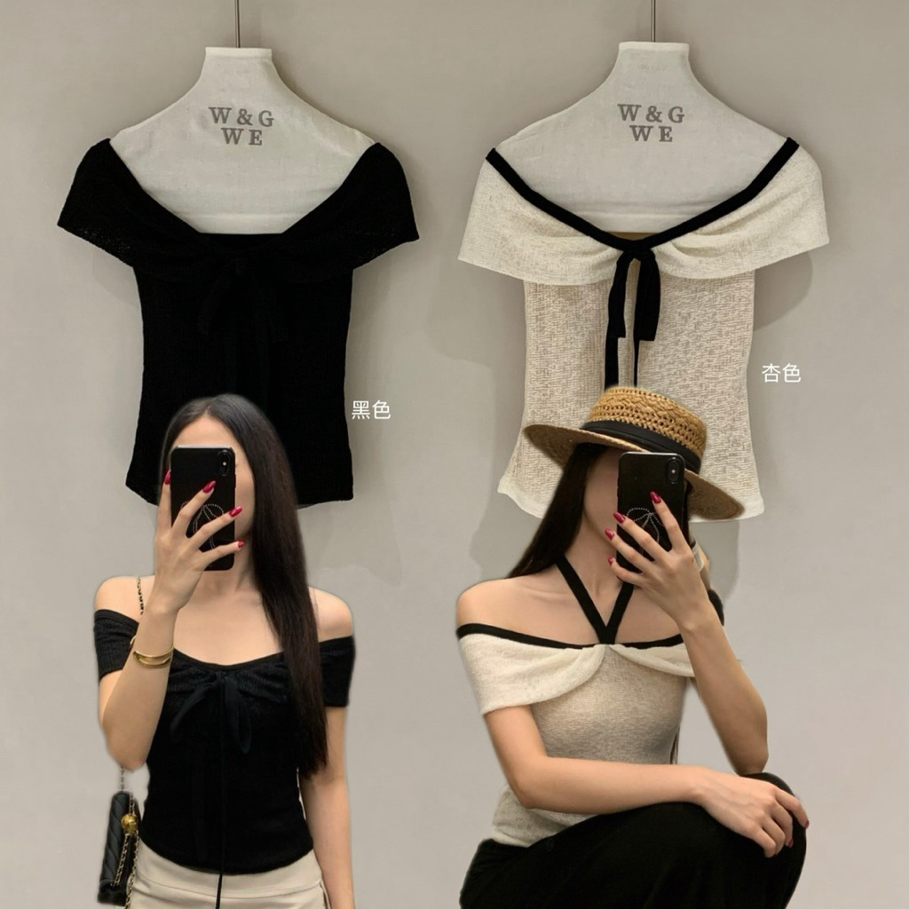 9550# เสื้อคอกว้าง จะใส่เปิดไหล่ก็ดู sexy มีโบว์ผูกช่วงอก จะใส่เป็นผูกคอก็ดูเก๋ เนื้อผ้าดี งานสวย  TAG:WG.WE 🇰🇷
