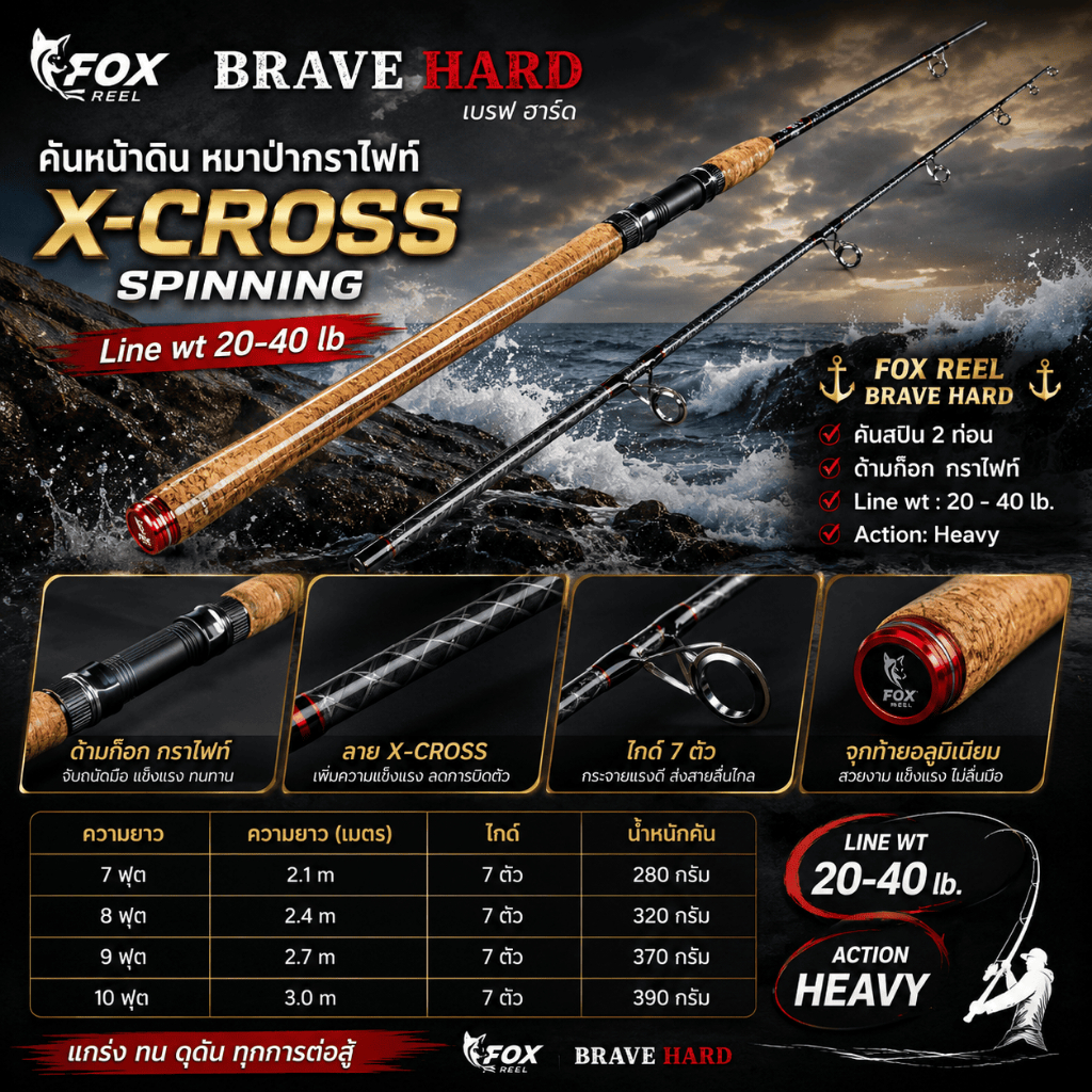 [ ของแท้ ] คันหน้าดิน หมาป่ากราไฟท์ FOX REEL BRAVE HARD เบรฟ ฮาร์ด Line wt 20-40 lb ลาย X-Cross Spinning