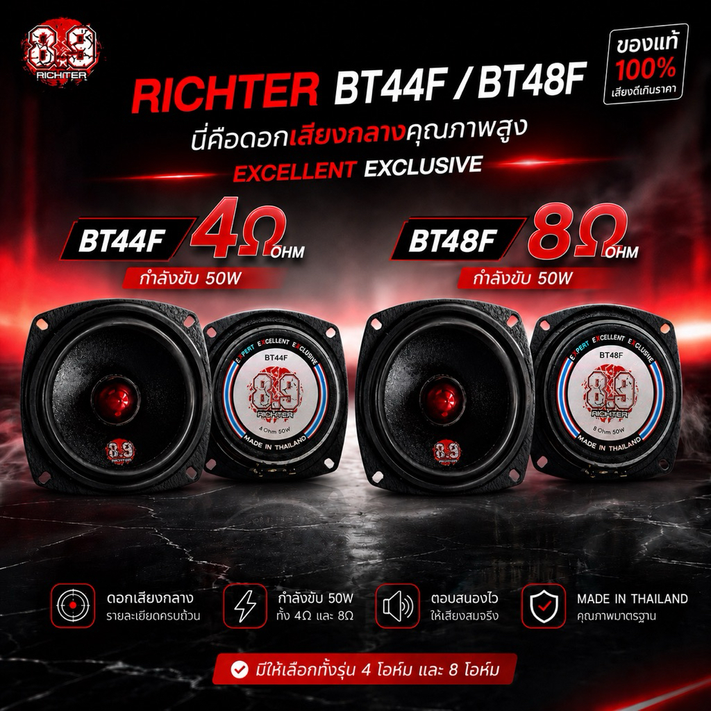 8.9 Richter แท้ เสียงกลาง 4นิ้ว เฟสปลั๊ก 4 และ 8Ohm 50-100W