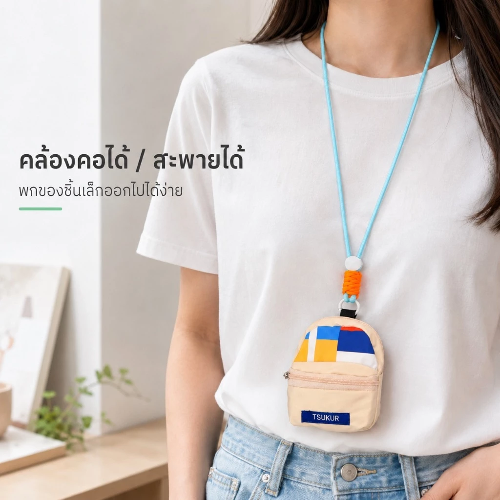 กระเป๋าจิ๋วคล้องคอ ใส่มินิเหรียญ กุญแจ หูฟัง ลิปสติก สายยาวปรับได้ thumbnail 7