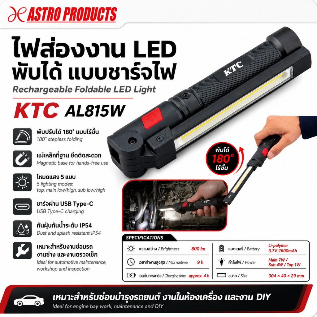 KTC ไฟทำงานพับได้ AL815W / AL815W Rechargeable Folding LED Work Light 800lm