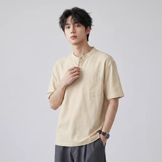 B&R เสื้อยืดแขนสั้น T-shirt คอเสื้อแบบเฮนรี่ การออกแบบกระดุม หลวมสบาย ระบายอากาศได้ดีและสวมใส่สบาย รุ่นใหม่ฤดูร้อน