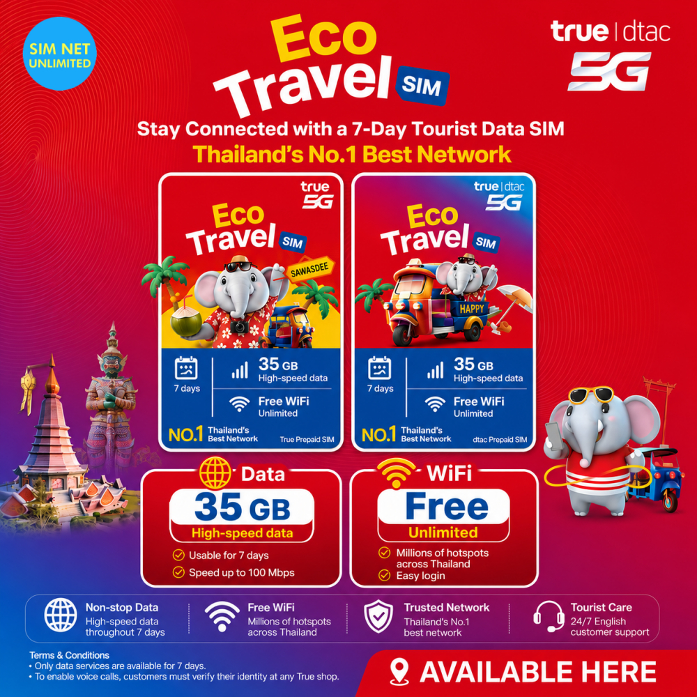 True Eco Travel SIM ซิมท่องเที่ยว 7วัน สำหรับนักท่องเที่ยว มาเที่ยวไทย