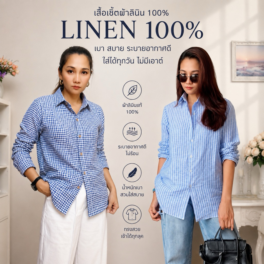 เสื้อเชิ้ตผ้าลินินแท้100ลายริ้วสวยหรูเกรดพรีเมี่ยม