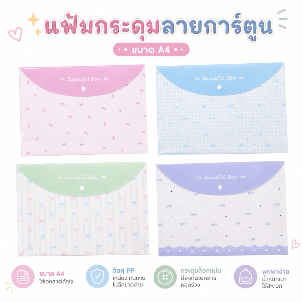 ‼️แพ็ค 12 ชิ้น‼️ แฟ้มกระดุม A4 ลายการ์ตูน