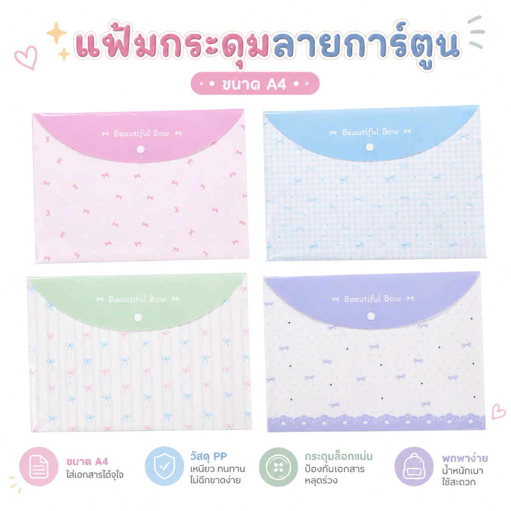 ‼️แพ็ค 12 ชิ้น‼️ แฟ้มกระดุม A4 ลายการ์ตูน