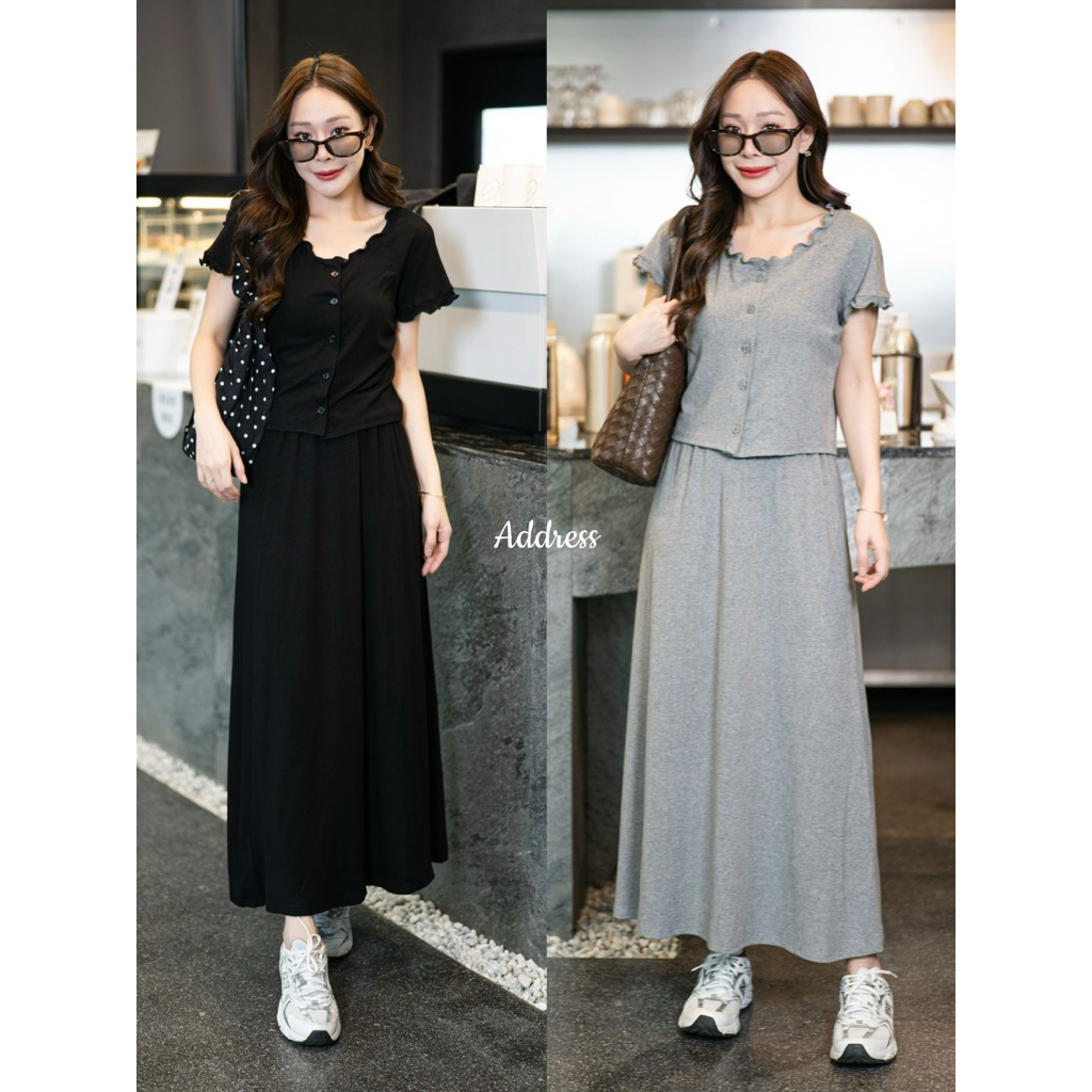 🌈🌿🌼🌺🌸🩶🖤🇰🇷 Cotton Frill Short Sleeve Top&Long Skirt Set