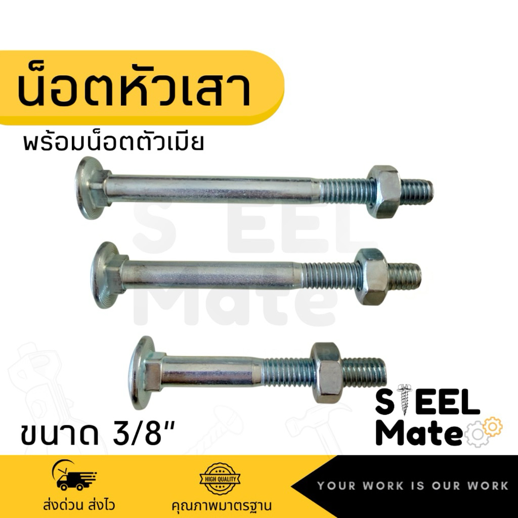 น็อตหัวเสา น็อตเสาขันไม้ ชุบซิงค์ ขนาด3/8” พร้อมน็อตตัวเมีย