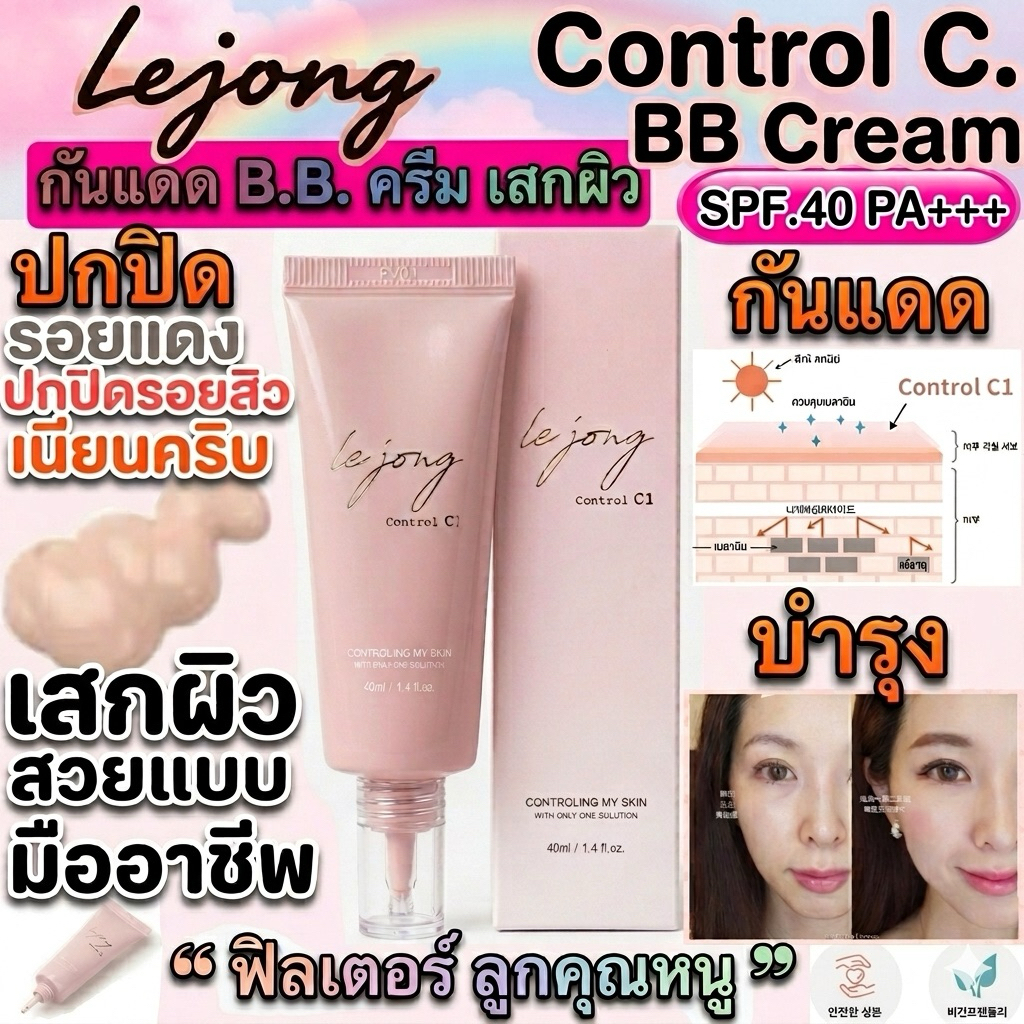 บีบี ครีมเสกผิว💕 Lejong 𝗖𝗼𝗻𝘁𝗿𝗼𝗹 𝗖𝟭 BB Cream SPF40 PA++💖 ฟิวเตอร์ผิวสวย เนียนกริบ ปกปิดริ้วรอย จุดด่างดำ รอยแดงรอยสิว40ml