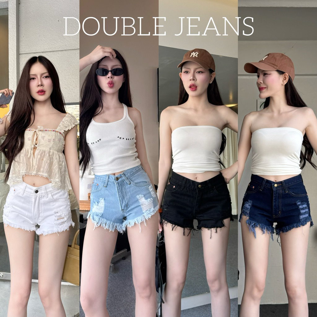 [DOUBLE J.]กางเกงยีนส์ขาสั้นแต่งขาดรุ่ย หน้าสั้นหลังยาว  รุ่นเซ็กซี่ เอวกลาง เอวต่ำ  [ S - 4XL]