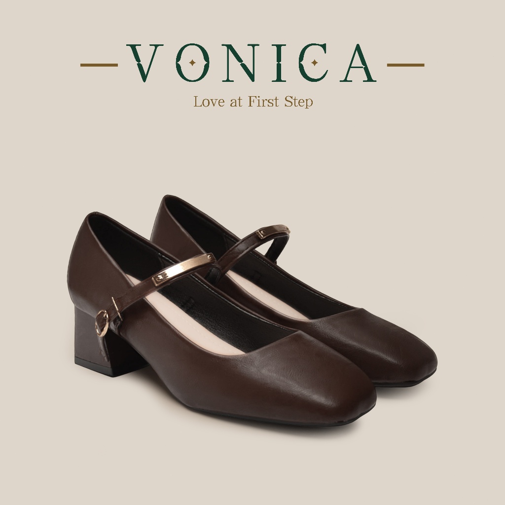 VONICA รองเท้า Mary Jane ส้นตึกผู้หญิงสไตล์คลาสสิค แถบโลหะทรงสี่เหลี่ยม สีน้ำตาล-ดำ เรียบหรู