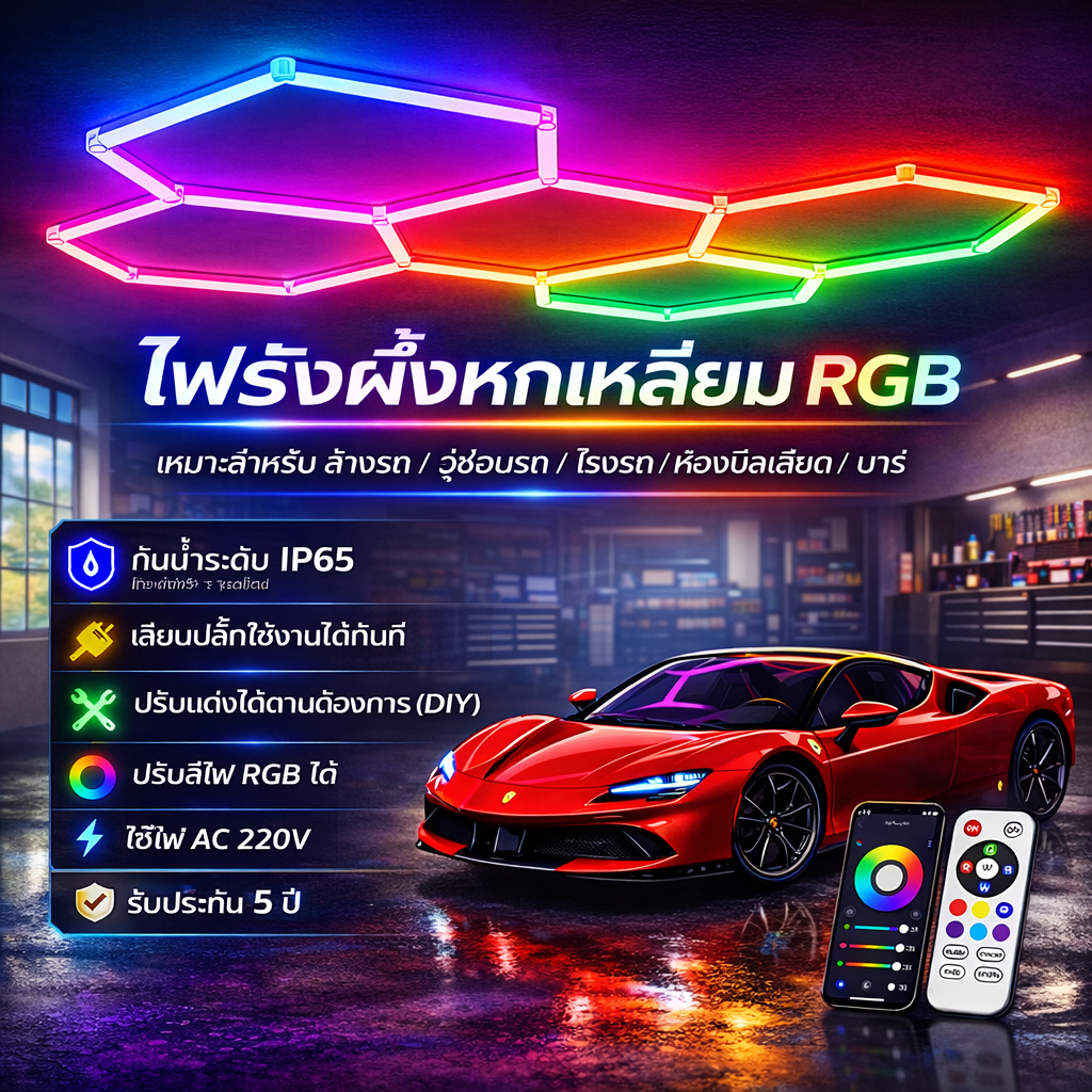 ไฟรังผึ้งหกเหลี่ยม ไฟ LED รูปหกเหลี่ยม RGB สำหรับติดเพดานบ้าน โคมไฟรังผึ้ง เหมาะสำหรับงานดูแลรักษารถยนต์ ร้านตัดผม